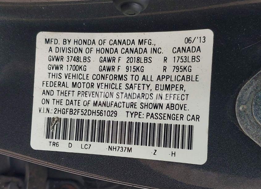 Photo 9 of 2013 Honda Civic LX (VIN 2HGFB2F52DH561029)