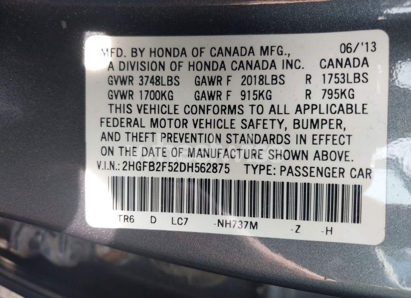 Photo 9 of 2013 Honda Civic LX (VIN 2HGFB2F52DH562875)