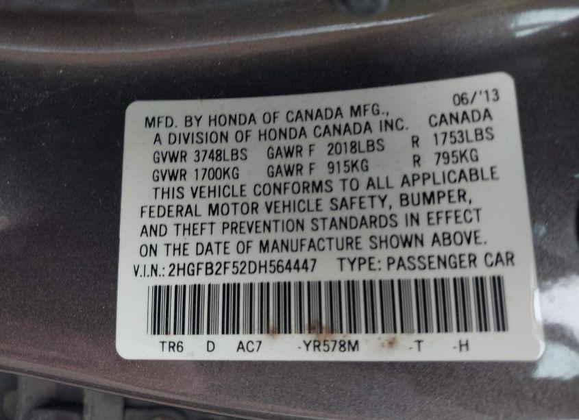 Photo 9 of 2013 Honda Civic LX (VIN 2HGFB2F52DH564447)