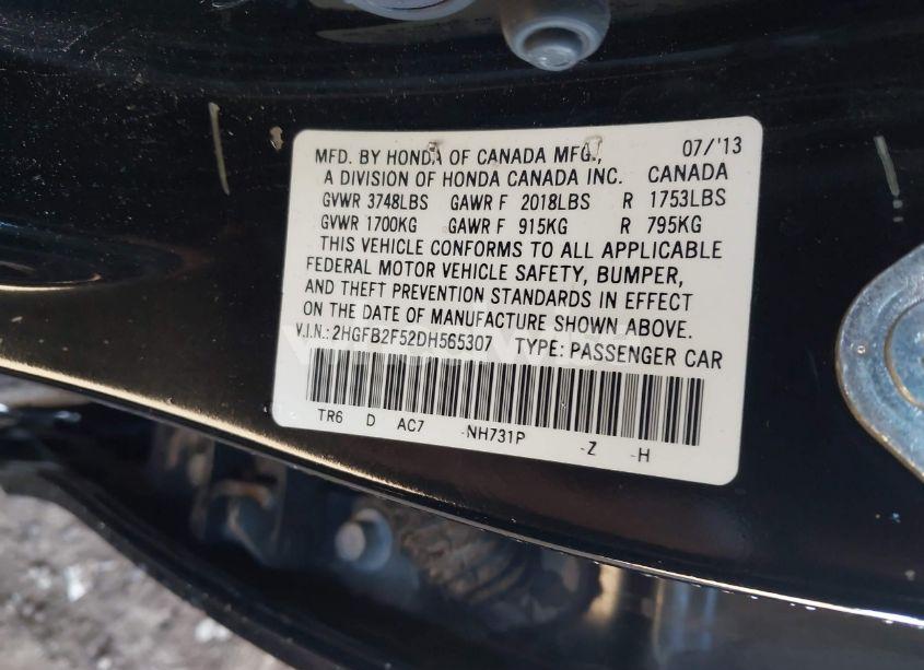 Photo 9 of 2013 Honda Civic LX (VIN 2HGFB2F52DH565307)