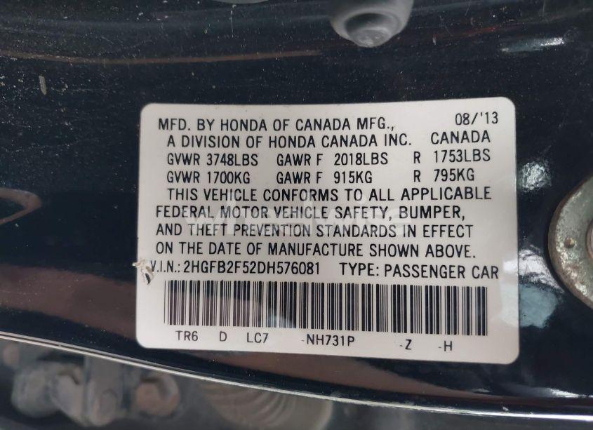 Photo 9 of 2013 Honda Civic LX (VIN 2HGFB2F52DH576081)