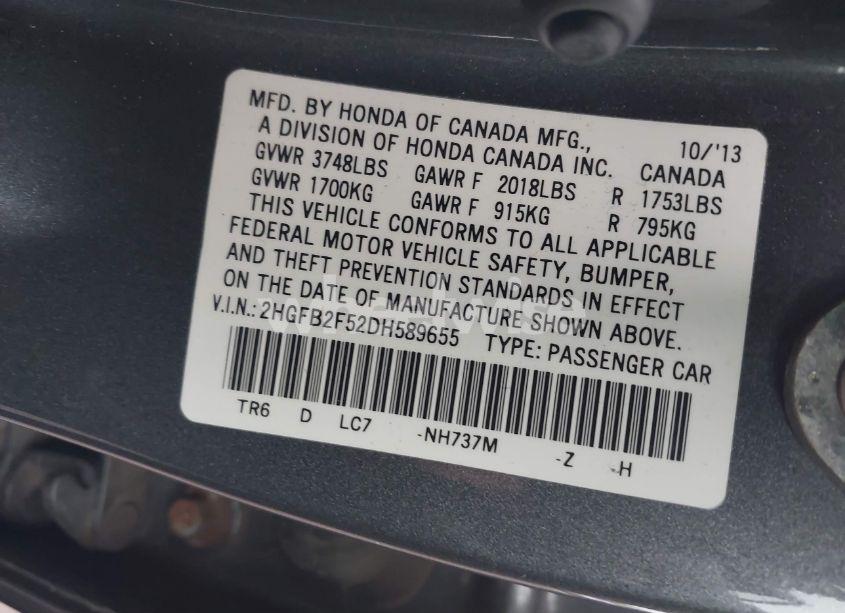 Photo 9 of 2013 Honda Civic LX (VIN 2HGFB2F52DH589655)