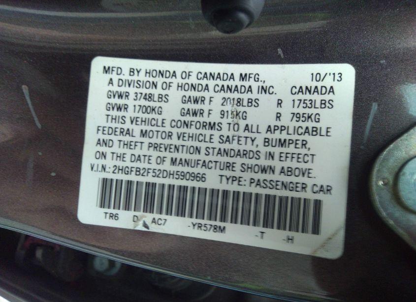 Photo 9 of 2013 Honda Civic LX (VIN 2HGFB2F52DH590966)