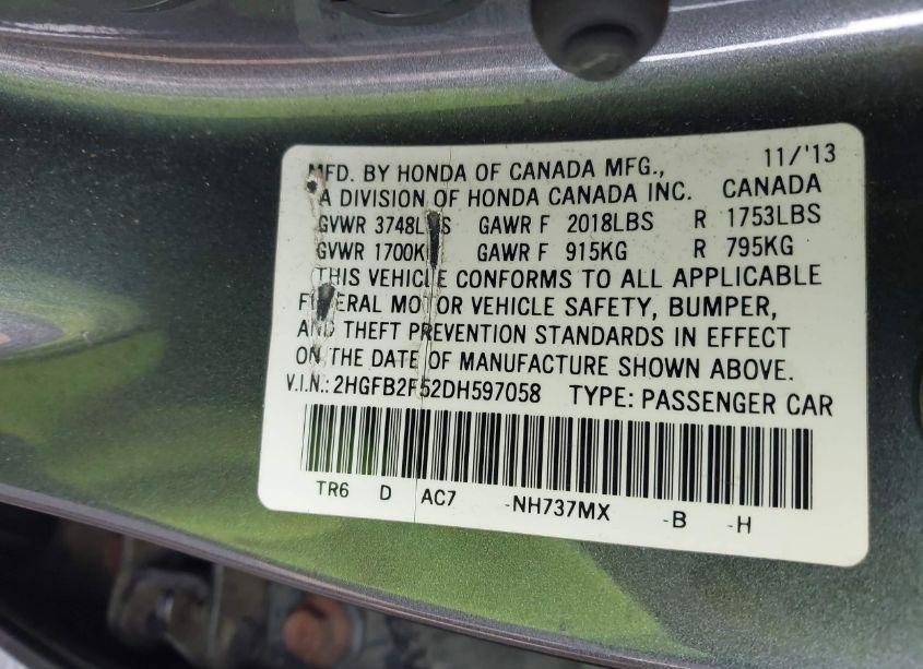 Photo 9 of 2013 Honda Civic LX (VIN 2HGFB2F52DH597058)