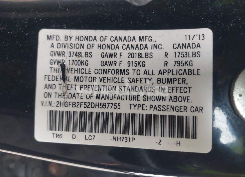 Photo 9 of 2013 Honda Civic LX (VIN 2HGFB2F52DH597755)