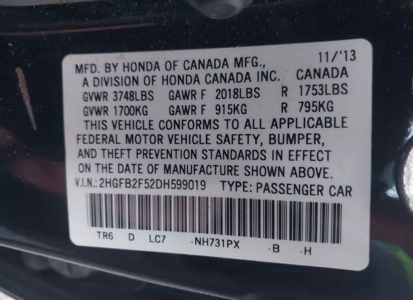 Photo 9 of 2013 Honda Civic LX (VIN 2HGFB2F52DH599019)