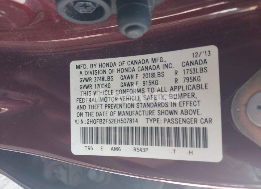 Photo 9 of 2014 Honda Civic LX (VIN 2HGFB2F52EH507814)