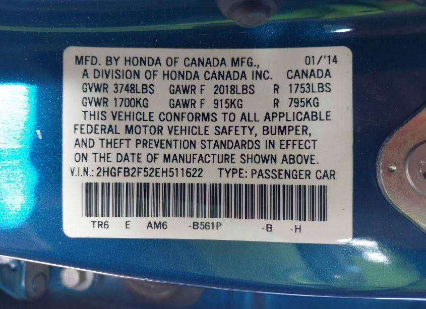 Photo 9 of 2014 Honda Civic LX (VIN 2HGFB2F52EH511622)