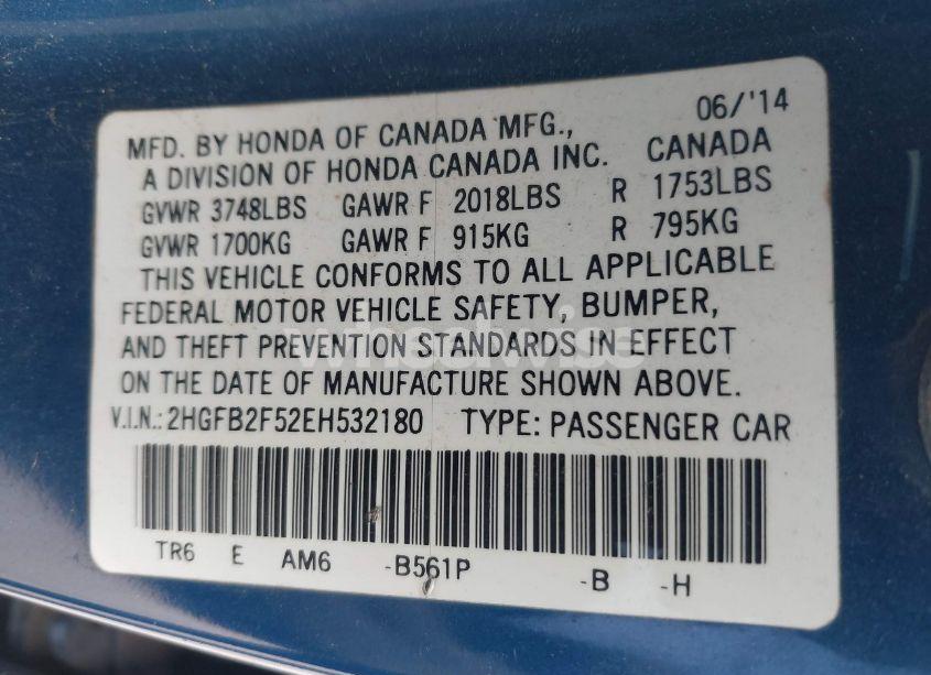 Photo 9 of 2014 Honda Civic LX (VIN 2HGFB2F52EH532180)