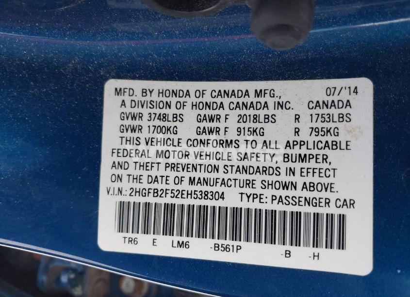 Photo 9 of 2014 Honda Civic LX (VIN 2HGFB2F52EH538304)