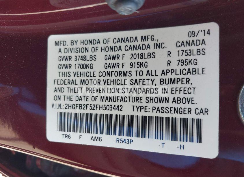 Photo 9 of 2015 Honda Civic LX (VIN 2HGFB2F52FH503442)