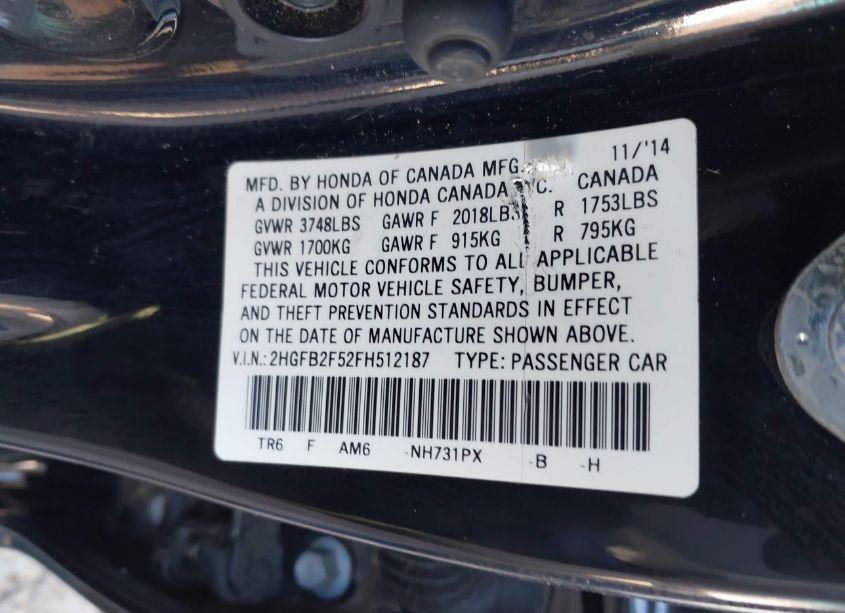 Photo 9 of 2015 Honda Civic LX (VIN 2HGFB2F52FH512187)