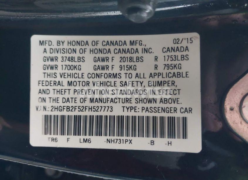 Photo 9 of 2015 Honda Civic LX (VIN 2HGFB2F52FH527773)