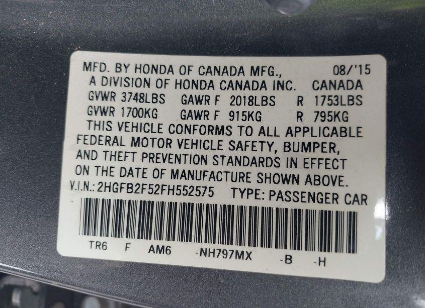 Photo 9 of 2015 Honda Civic LX (VIN 2HGFB2F52FH552575)