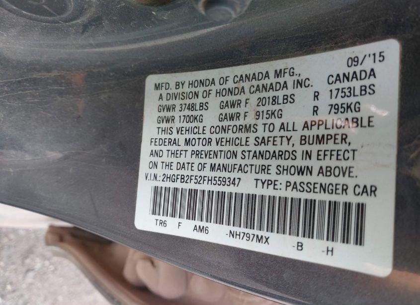Photo 9 of 2015 Honda Civic LX (VIN 2HGFB2F52FH559347)
