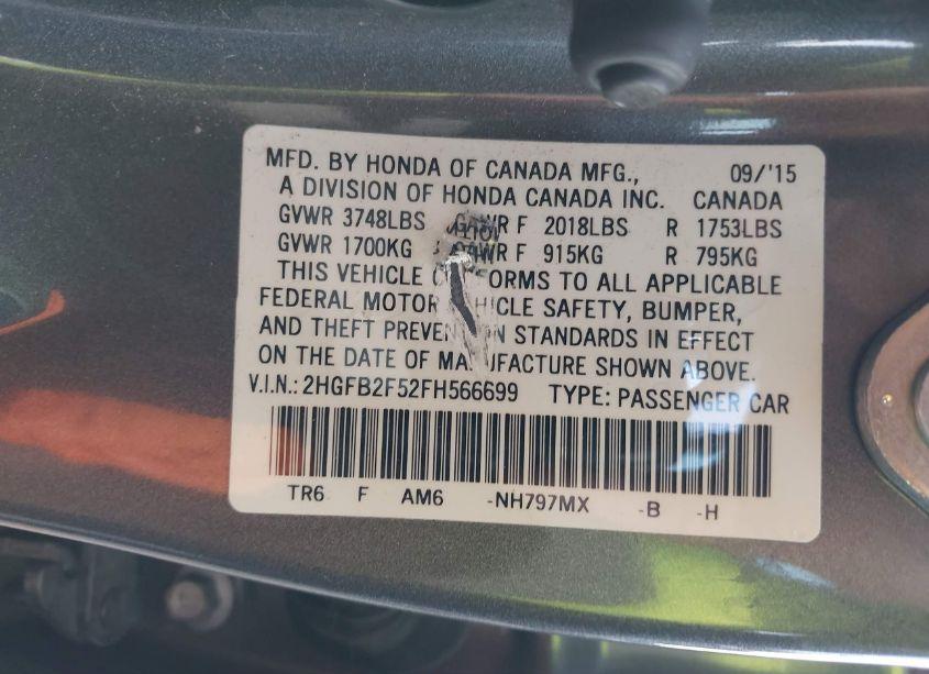 Photo 9 of 2015 Honda Civic LX (VIN 2HGFB2F52FH566699)