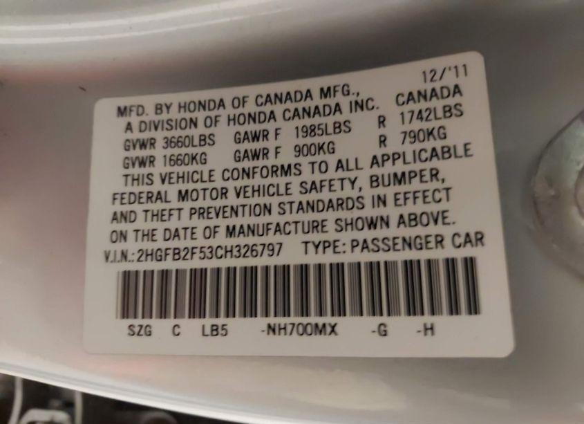 Photo 9 of 2012 Honda Civic SDN LX (VIN 2HGFB2F53CH326797)