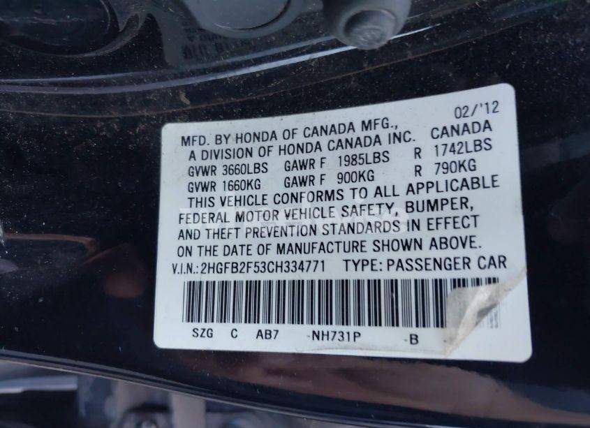 Photo 9 of 2012 Honda Civic LX (VIN 2HGFB2F53CH334771)