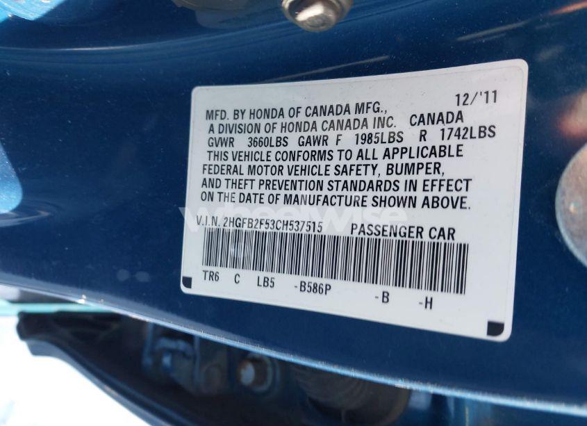 Photo 9 of 2012 Honda Civic SDN LX (VIN 2HGFB2F53CH537515)