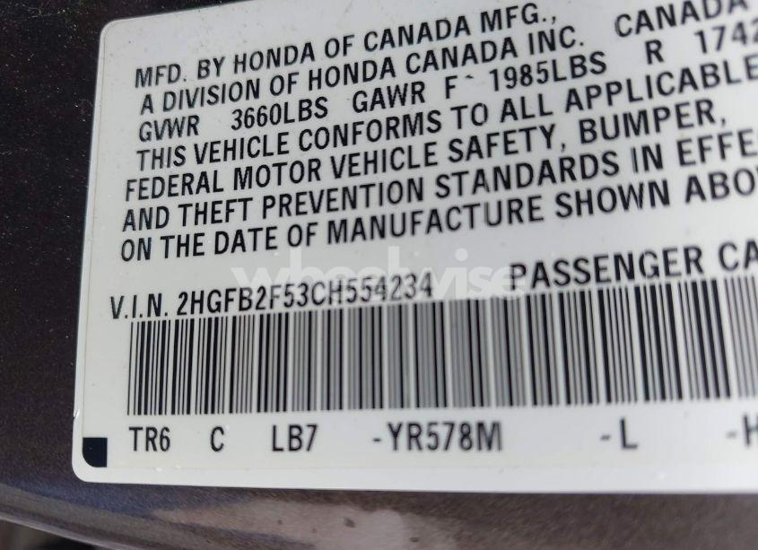 Photo 9 of 2012 Honda Civic LX (VIN 2HGFB2F53CH554234)