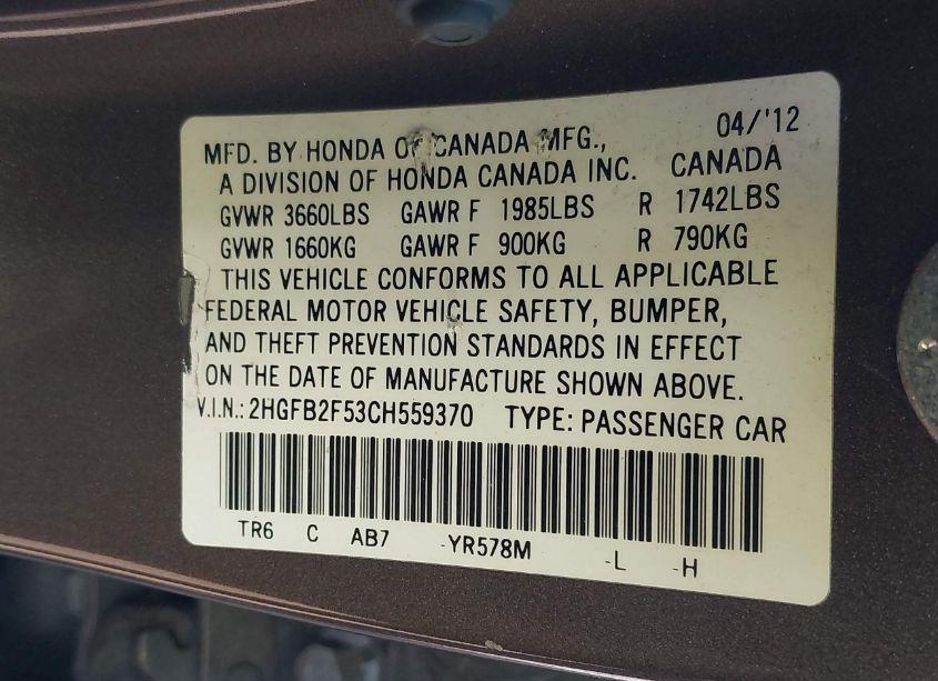 Photo 9 of 2012 Honda Civic SDN LX (VIN 2HGFB2F53CH559370)