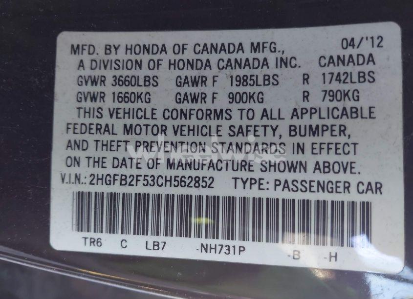 Photo 9 of 2012 Honda Civic LX (VIN 2HGFB2F53CH562852)