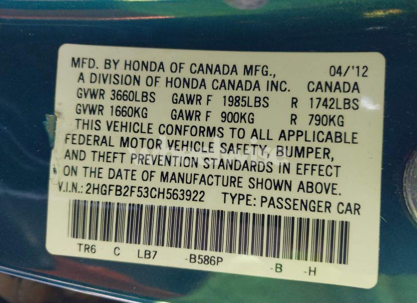 Photo 9 of 2012 Honda Civic LX (VIN 2HGFB2F53CH563922)