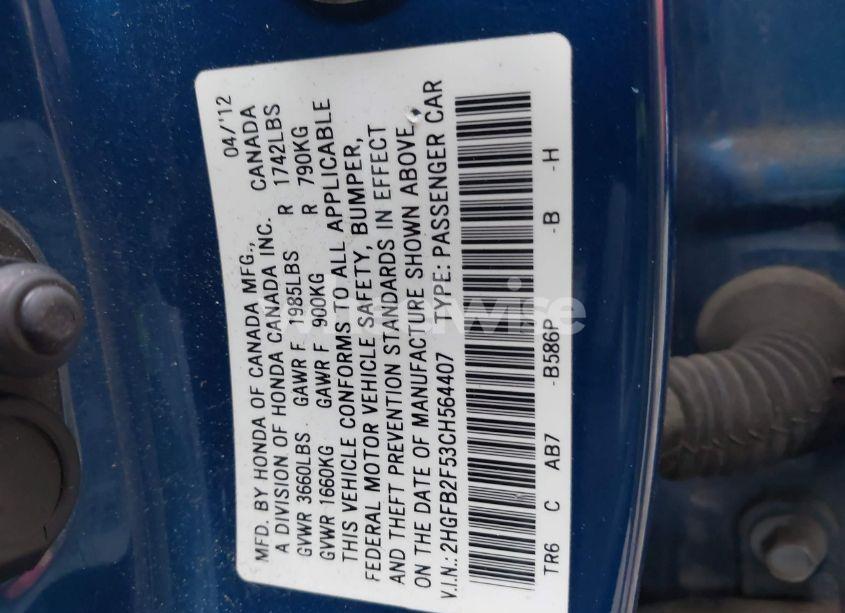 Photo 9 of 2012 Honda Civic LX (VIN 2HGFB2F53CH564407)