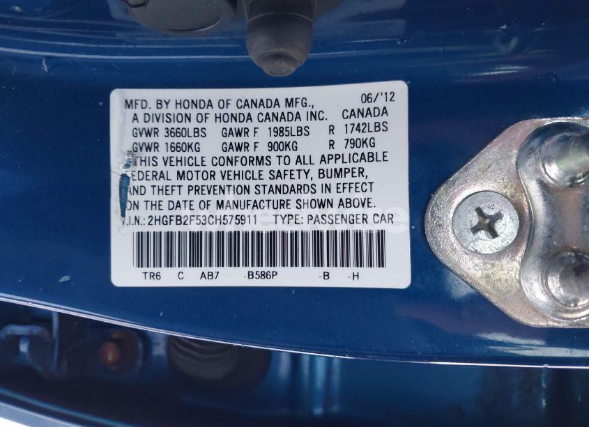 Photo 9 of 2012 Honda Civic LX (VIN 2HGFB2F53CH575911)