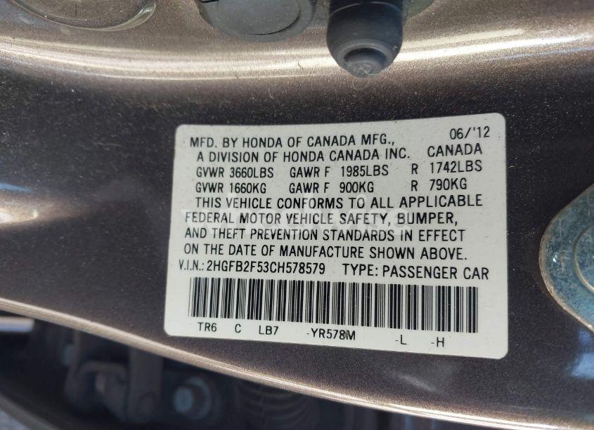 Photo 9 of 2012 Honda Civic LX (VIN 2HGFB2F53CH578579)