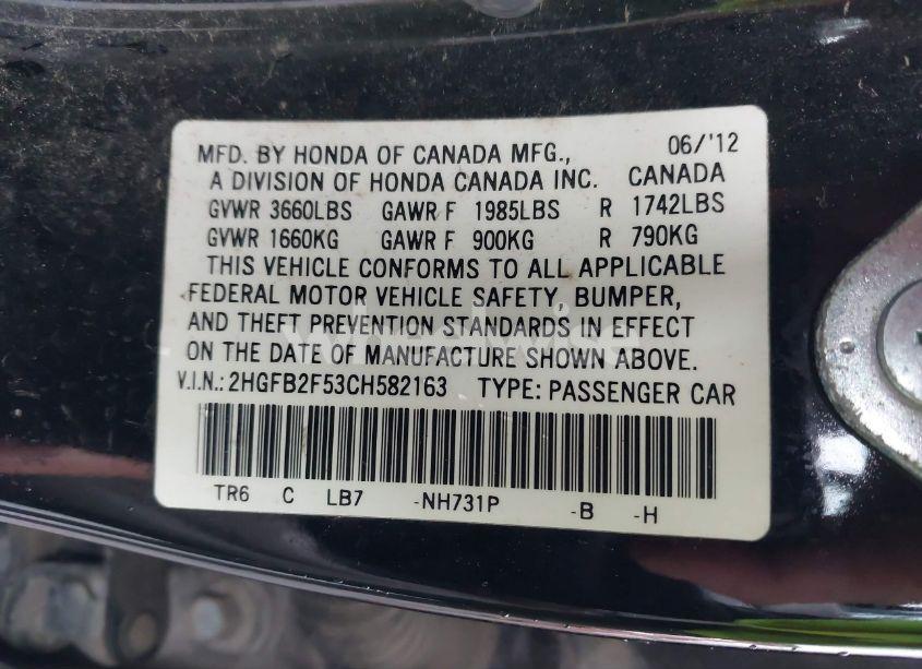 Photo 9 of 2012 Honda Civic LX (VIN 2HGFB2F53CH582163)