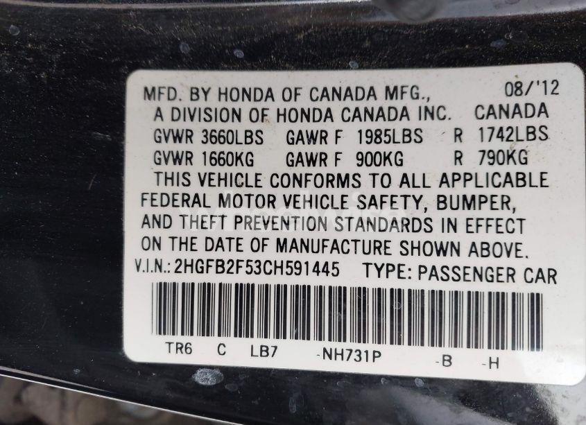 Photo 9 of 2012 Honda Civic LX (VIN 2HGFB2F53CH591445)