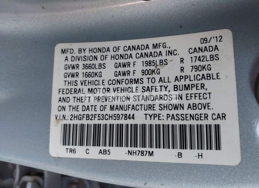 Photo 9 of 2012 Honda Civic LX (VIN 2HGFB2F53CH597844)