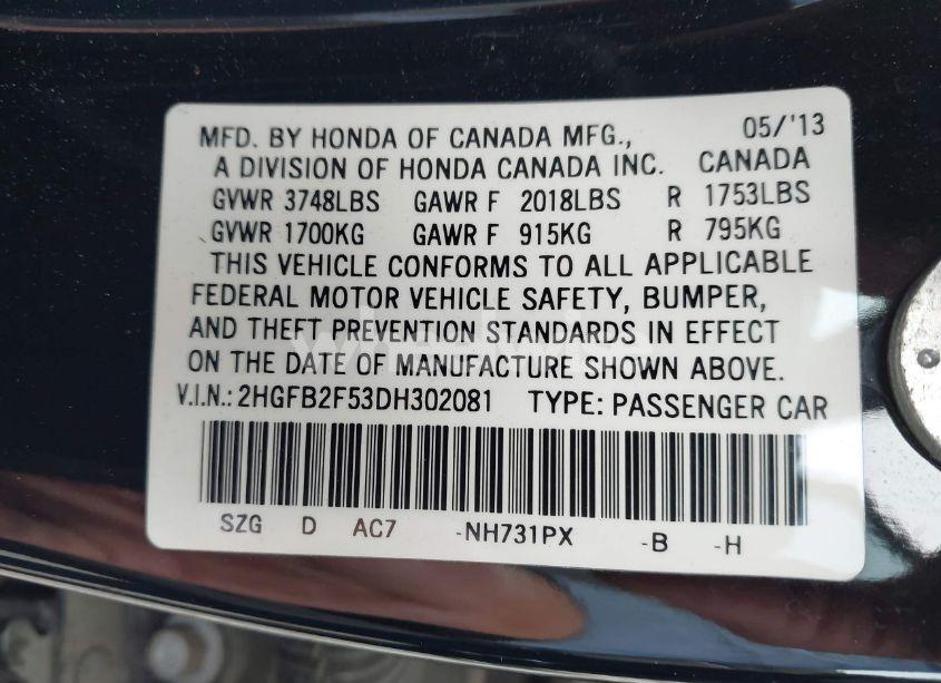 Photo 9 of 2013 Honda Civic LX (VIN 2HGFB2F53DH302081)