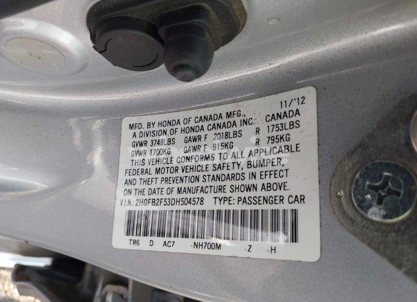 Photo 9 of 2013 Honda Civic LX (VIN 2HGFB2F53DH504578)