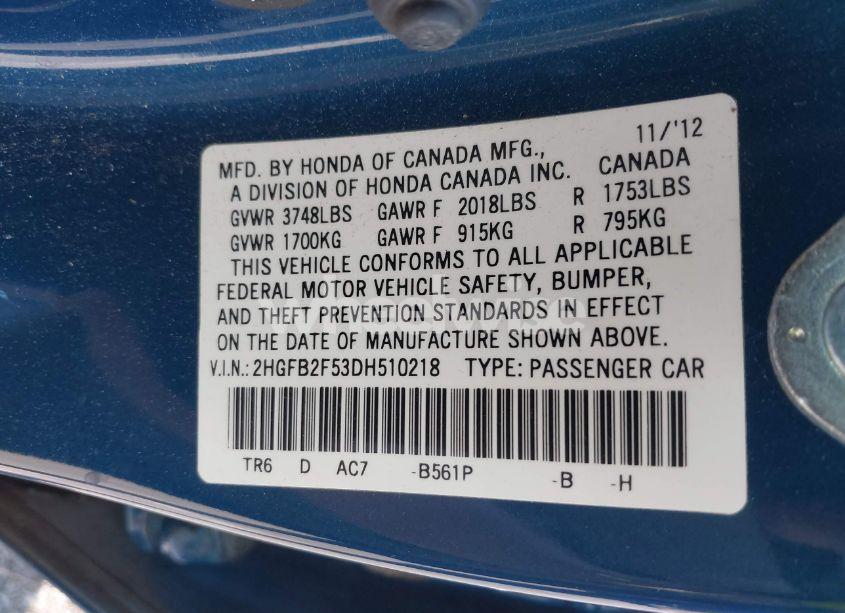 Photo 9 of 2013 Honda Civic LX (VIN 2HGFB2F53DH510218)