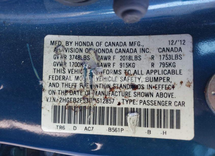 Photo 9 of 2013 Honda Civic LX (VIN 2HGFB2F53DH512857)