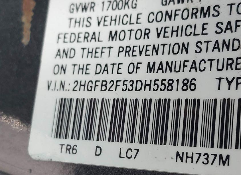 Photo 9 of 2013 Honda Civic LX (VIN 2HGFB2F53DH558186)