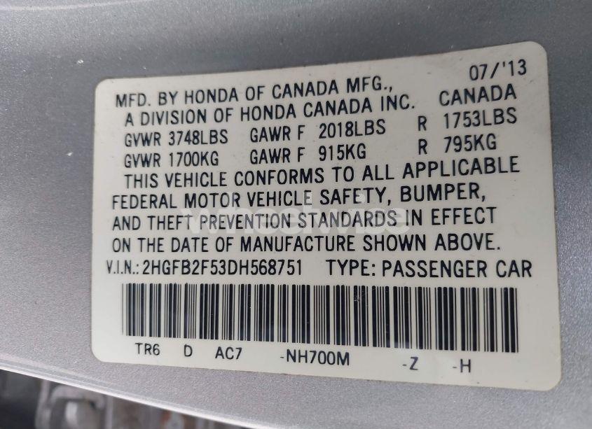 Photo 9 of 2013 Honda Civic LX (VIN 2HGFB2F53DH568751)