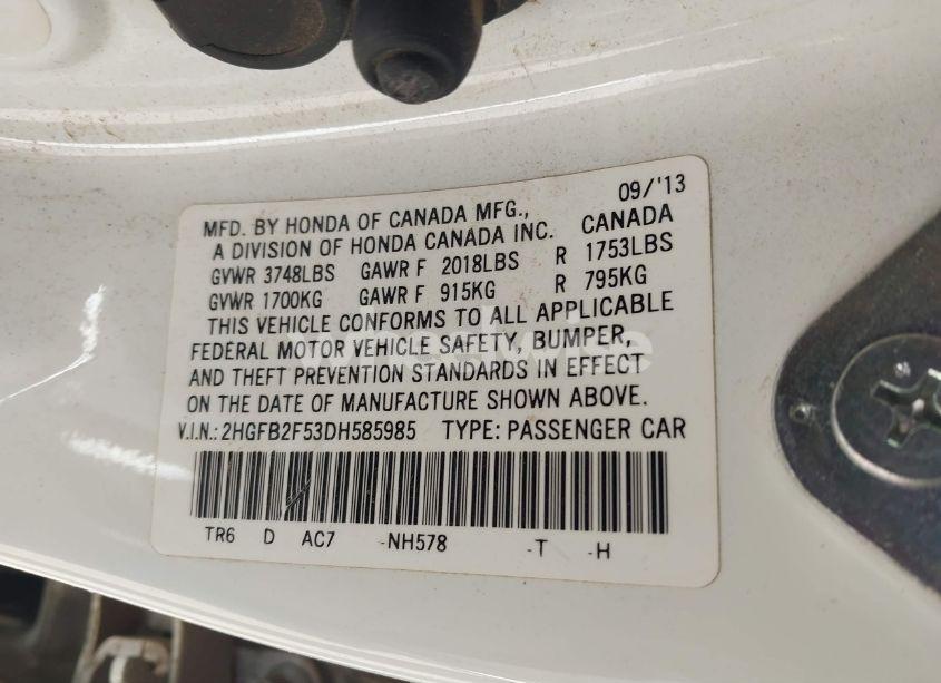 Photo 9 of 2013 Honda Civic LX (VIN 2HGFB2F53DH585985)