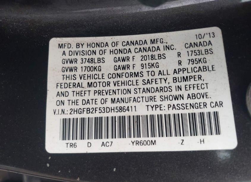 Photo 9 of 2013 Honda Civic LX (VIN 2HGFB2F53DH586411)