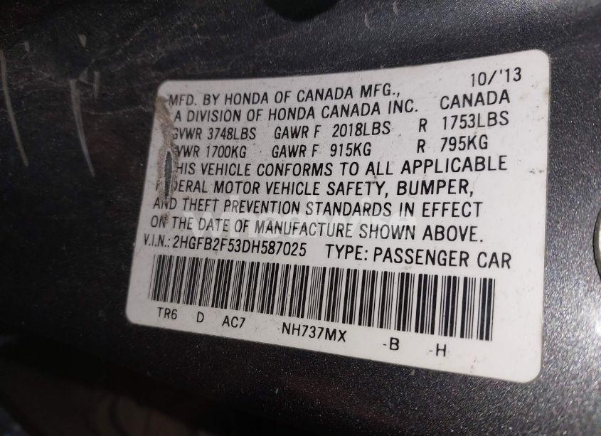 Photo 9 of 2013 Honda Civic LX (VIN 2HGFB2F53DH587025)