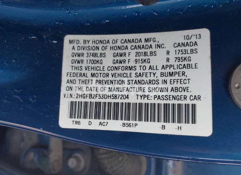 Photo 9 of 2013 Honda Civic LX (VIN 2HGFB2F53DH587204)