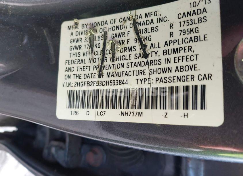 Photo 9 of 2013 Honda Civic SDN (VIN 2HGFB2F53DH593844)