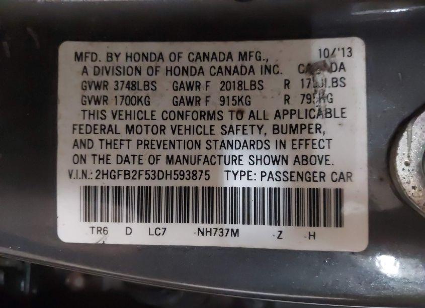 Photo 9 of 2013 Honda Civic LX (VIN 2HGFB2F53DH593875)