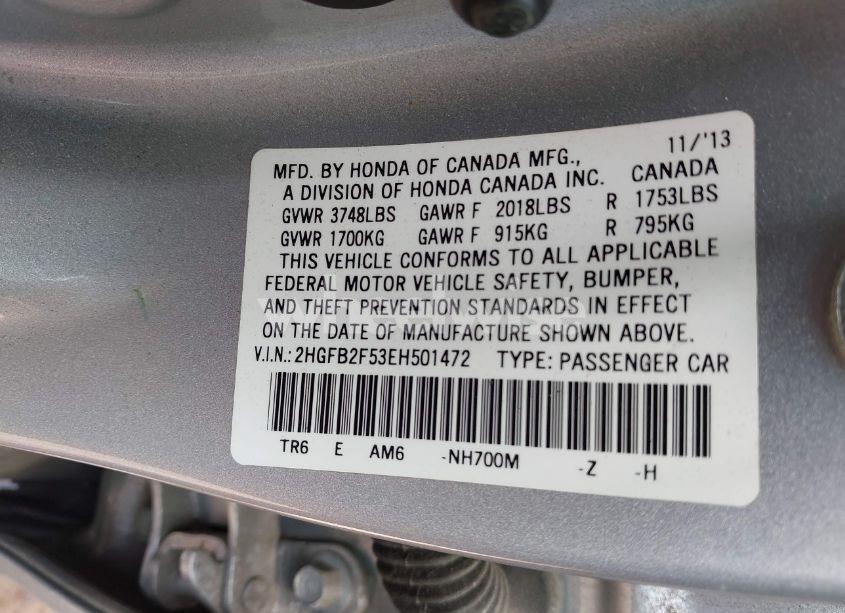 Photo 9 of 2014 Honda Civic LX (VIN 2HGFB2F53EH501472)