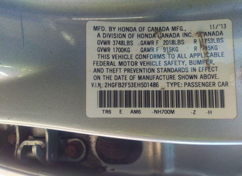 Photo 9 of 2014 Honda Civic LX (VIN 2HGFB2F53EH501486)