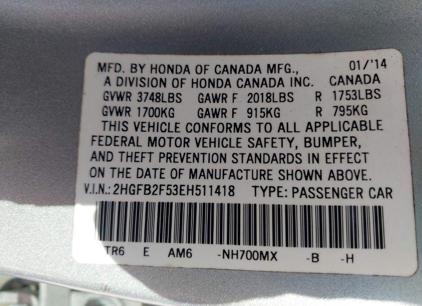 Photo 9 of 2014 Honda Civic LX (VIN 2HGFB2F53EH511418)