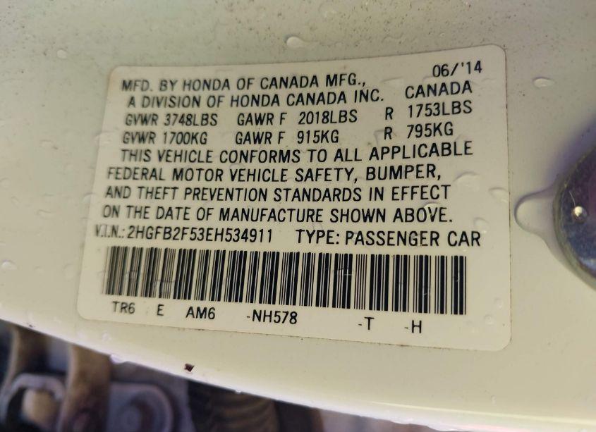 Photo 9 of 2014 Honda Civic LX (VIN 2HGFB2F53EH534911)