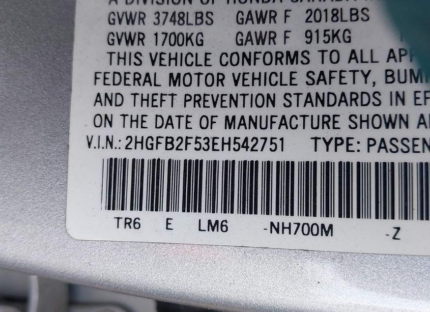 Photo 9 of 2014 Honda Civic LX (VIN 2HGFB2F53EH542751)
